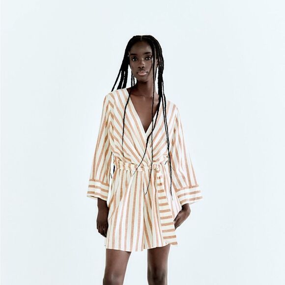 Zara Linen Blend Jumpsuit Striped New - Picture 11 of 11